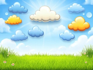 Fototapeta premium A bright, cheerful landscape with colorful clouds and green grass under a sunny sky.