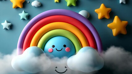 Colorful 3D Clay Art Rainbow With Smiling Face Surrounded By Stars And Clouds On Blue Background, Fun And Whimsical Design, Ideal For Children's Decor And Play, Happy And Joyful Scene - Powered by Adobe