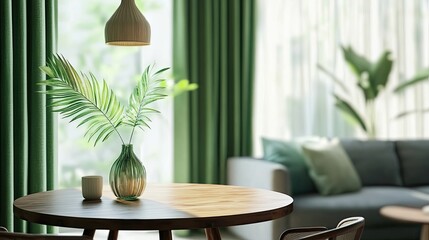 Fototapeta premium Bright living room interior with wooden round table, stylish chairs, green curtain, gray sofa, hanging lamp, floor panels, vase with leaves, and personal accessories. Home decor template