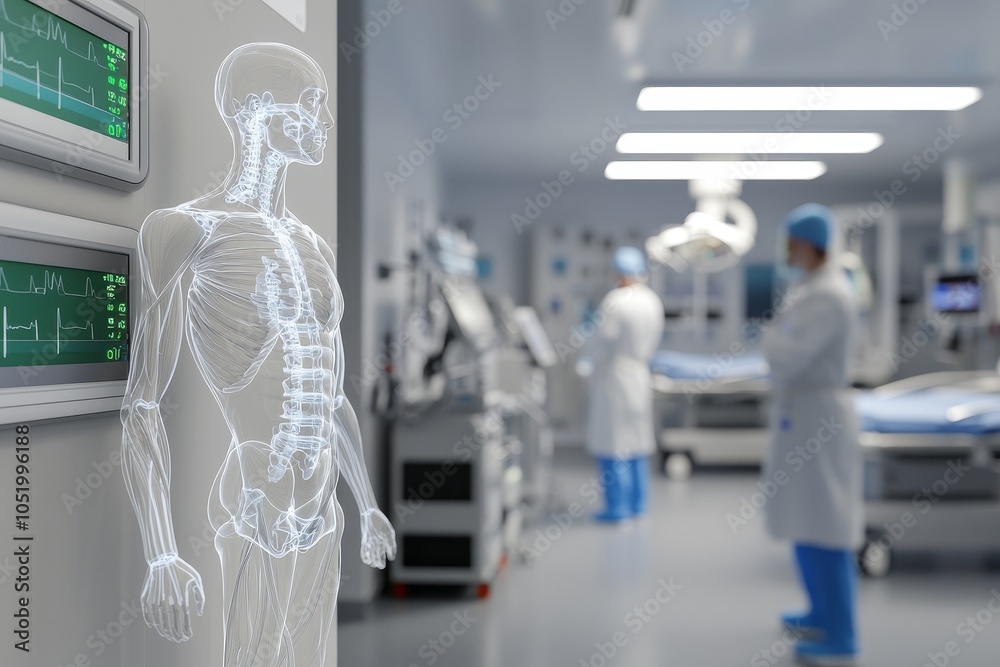 Poster This image depicts the skeleton and organs of a man's body, displayed in a hospital setting on a computer monitor.