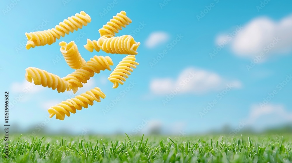 Aufkleber falling fusilli pasta. dynamic food image shows twisted pasta forms.