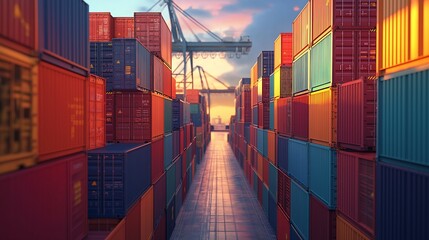Fototapeta premium container cargo port at sunset generative ai
