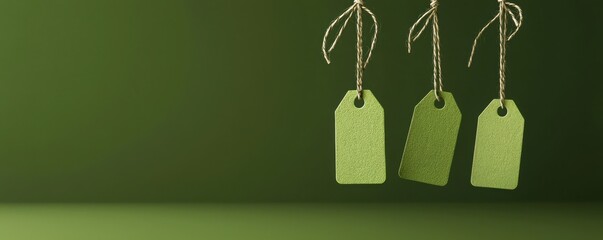 Three green tags hang against a textured green backdrop, creating a simple yet appealing visual that suggests themes of pricing or branding.