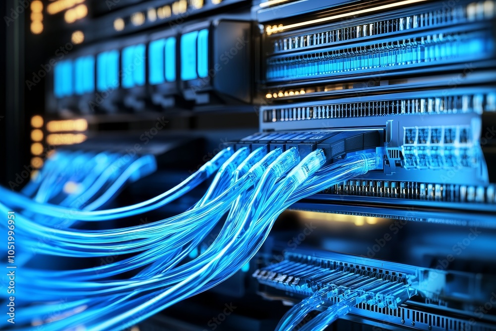 Poster LAN switch and ethernet cables in rack cabinet, information and computer network systems.