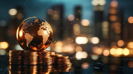 Golden globe on a stack of coins with city lights. AI generated illustration