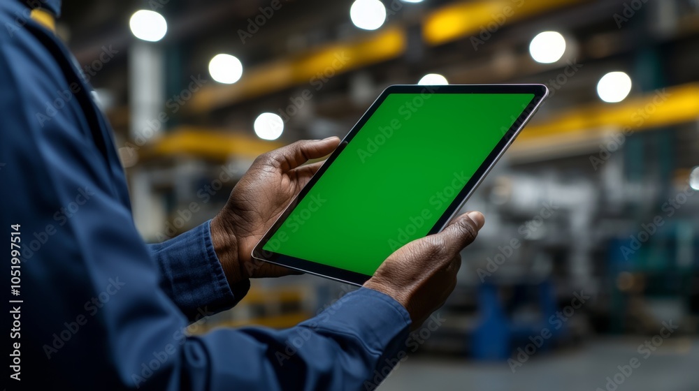 Aufkleber An industrial worker is shown using a tablet with a green mock-up screen in a factory environment.