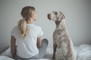 Woman and dog sit on a bed, sharing a quiet moment in a calm, minimalist room.