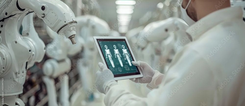 Poster A robot engineer manager uses a tablet computer to check and control an automation robot arm machine in an intelligent factory industrial system on a virtual interface screen, the concept of Industry