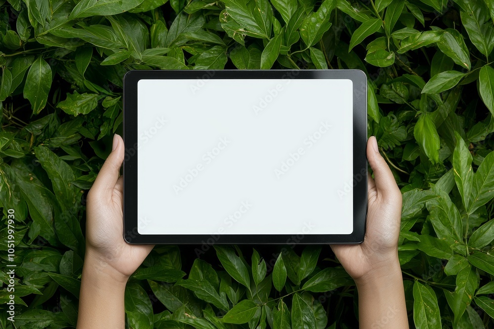 Poster an image of a woman holding a tablet computer with a blank white desktop screen and green nature bac