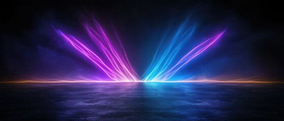 Colorful light beams emanating from water surface against a dark background.