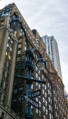 One way sign in New York. streets and buildings next to a directional sign