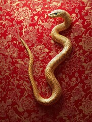 Fototapeta premium Golden Snake on Red Floral Background.