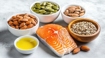 Assorted nutritious foods rich in healthy fats and omega 3 fatty acids