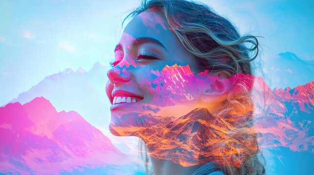 A serene portrait capturing joy and tranquility with nature overlay.