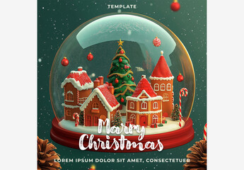 Holiday & Winter Templates: Snow Globe Scene with Christmas Tree, Candy Cane & Pine Cones for a Magical Season Holiday Template Generative AI