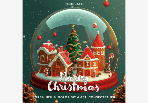 Holiday & Winter Templates: Snow Globe Scene with Christmas Tree, Candy Cane & Pine Cones for a Magical Season Holiday Template Generative AI