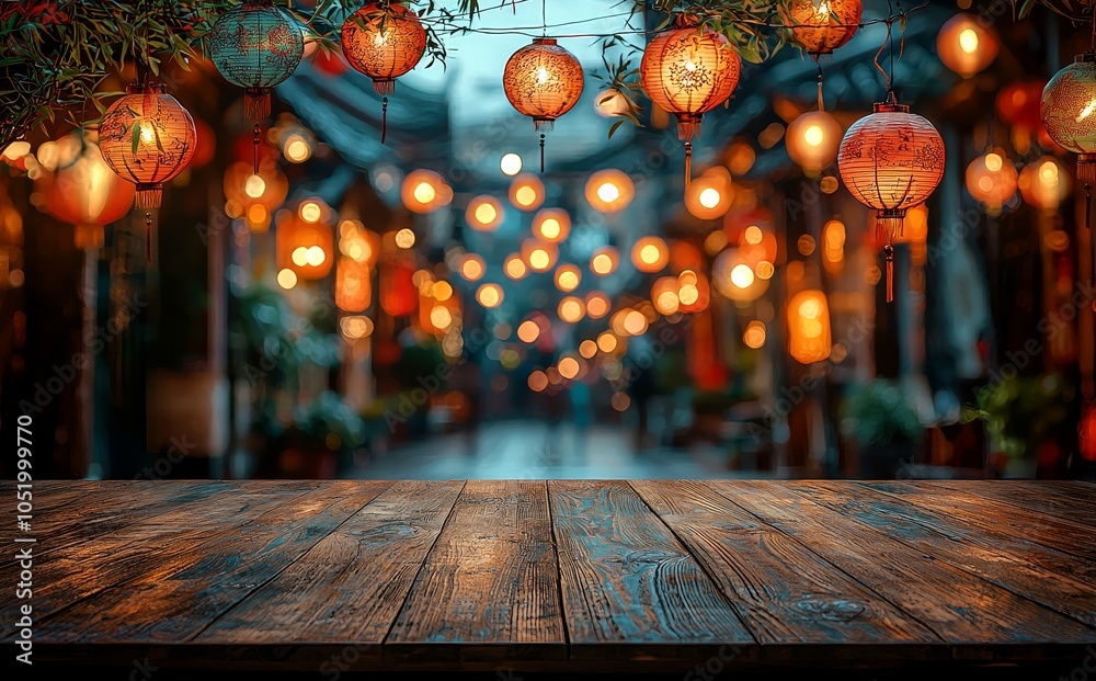Aufkleber abstract blurred orange color of chinese lantern hanging on ceiling with cream wood tabletop for pro