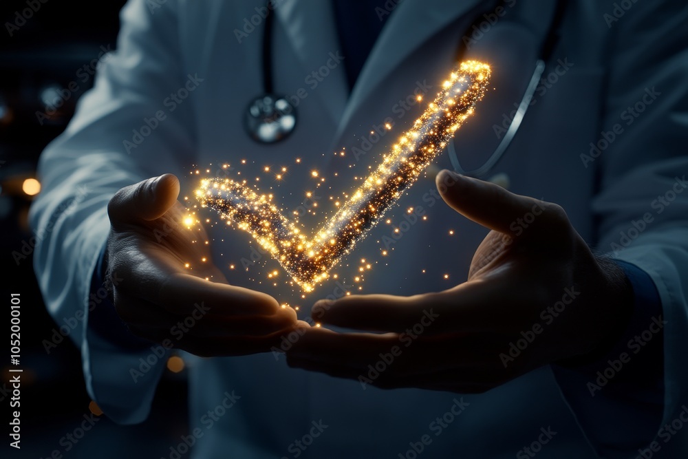Aufkleber an image of a doctor holding a medical service system with a quality symbol inside.