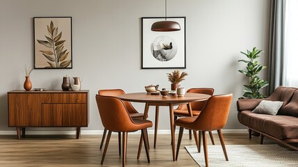 Cozy dining room interior with round wooden table, design chair, brown sofa, commode, mock-up poster frame, pendant lamp, teapot, and elegant accessories. Stylish home decor template