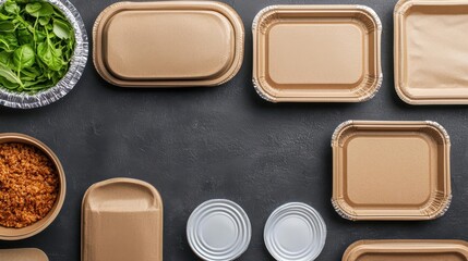 Fototapeta premium Various disposable food containers and ingredients on tabletop.