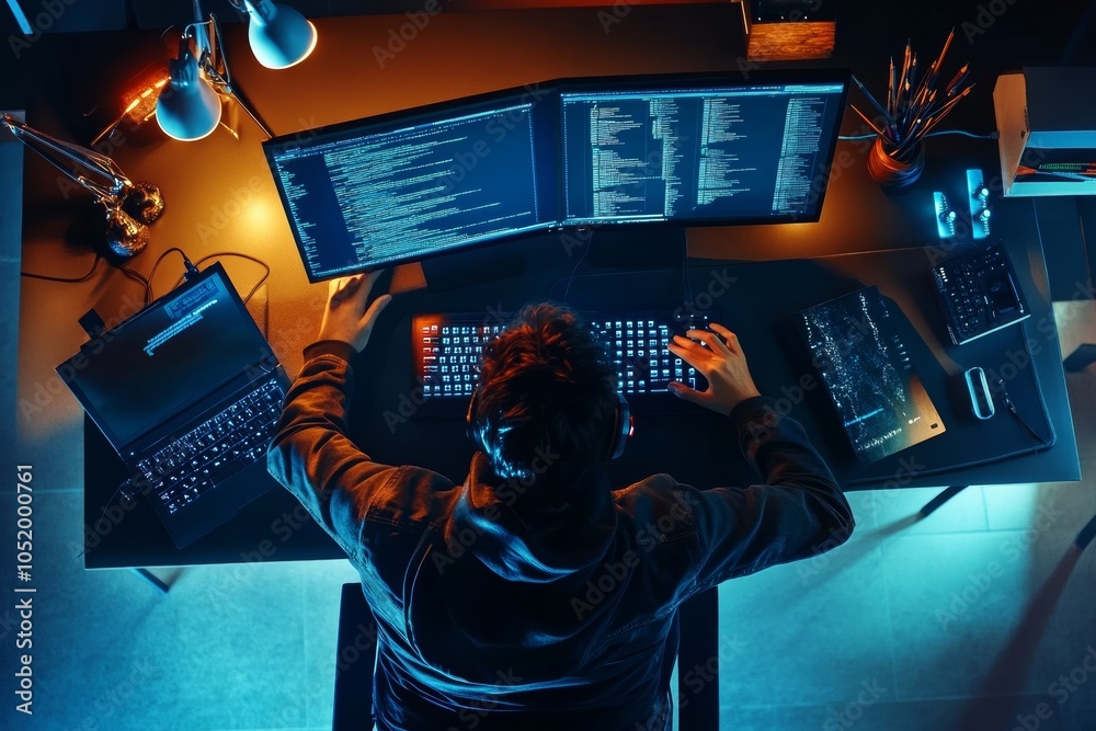 Aufkleber Developer programmer engaged in the design and coding of websites, writing code and database in the company office, and global cyber connection technologies
