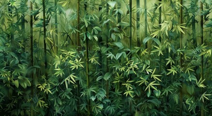 Naklejka premium Lush Green Bamboo Wall With Tropical Foliage