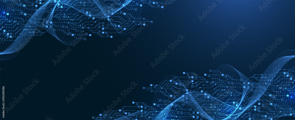 Poster Artificial Intelligence with circuit electric line style. Digital futuristic machine learning design. AI graphic design for website, banner, header, social media, mobile app, UI. Vector illustration