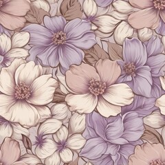 Fototapeta premium Seamless texture of vintage flowers in lavender, light pink, and beige tones.