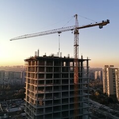 Construcrion site background. Concrete building under construction. Big tower crane.