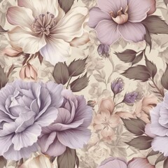 Fototapeta premium Seamless texture of vintage flowers in lavender, light pink, and beige tones.