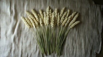 Oats and wheat ears arranged neatly on a table, representing a simple, health-focused diet.