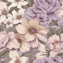 Seamless texture of vintage flowers in lavender, light pink, and beige tones.