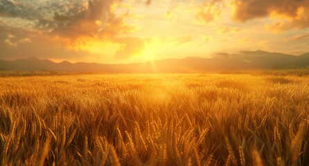Obraz premium Golden Wheat Field Sunset Over Mountain Range