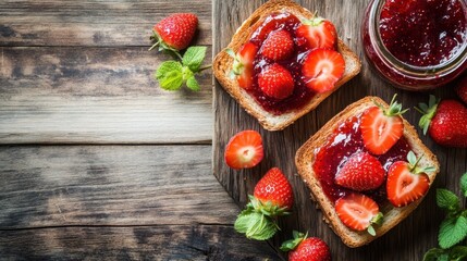 Open-faced sandwiches with strawberry and plum jam, topped with fresh fruit, on a rustic wooden table.