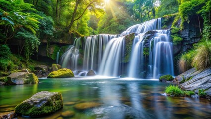 Obraz premium Tranquil Waterfall Flowing in Harmony with Nature's Serene Rhythm and Pulse