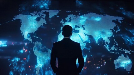 A business leader standing in front of a holographic world map, making decisions based on global analytics