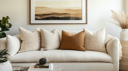 Cozy living room with beige sofa, textured pillows, framed art, potted plant, and serene atmosphere