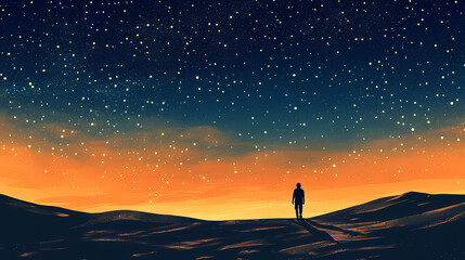 Fototapeta premium Lone figure walking in the desert under a starry night sky. Starry Desert Sky. Illustration