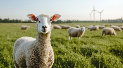 Obraz premium Sheep in Green Field with Wind Turbines in Background