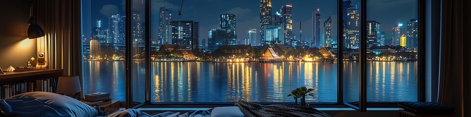 Obraz premium Nighttime bedroom, window open to cityscape, Bangkok skyline, glowing skyscrapers, reflections on water, cozy bed space.