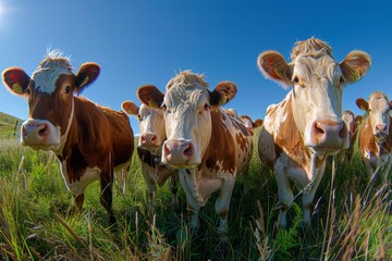 Curious Cows Gazing at the Camera in a Green Pasture on a Sunny Day