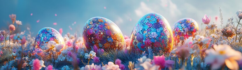 Colorful Easter eggs in an enchanted meadow with flowers. AI generated illustration