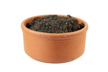 clay brown pot with soil isolated on white or transparent png