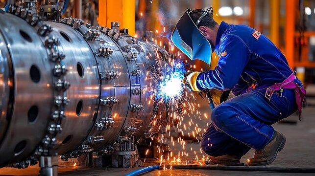 A welder in protective gear expertly welding a large metal pipe in an industrial setting, with bright sparks flying.