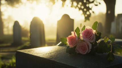 Obraz premium Pink roses on a gravestone in a serene cemetery at sunset, symbolizing remembrance and peace.