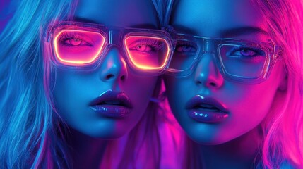 Young beautiful girls at a crazy cyber neon party in electro costumes. Vivid colors, colorful hairstyles. Party with loud music in a night club. Generative AI.