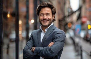 Fototapeta premium Confident Man Smiling in a Suit on a City Street