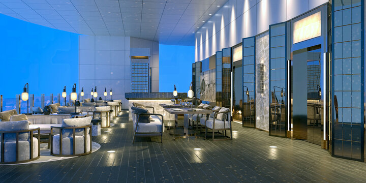 3d render of cafe restaurant on roof top