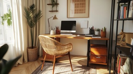 Fototapeta premium Cozy office with wooden desk, rattan chair, black rack, books, and personal accessories