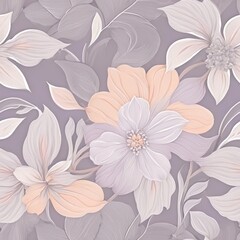 Seamless whimsical floral pattern with soft lavender, peach, and misty grey tones.